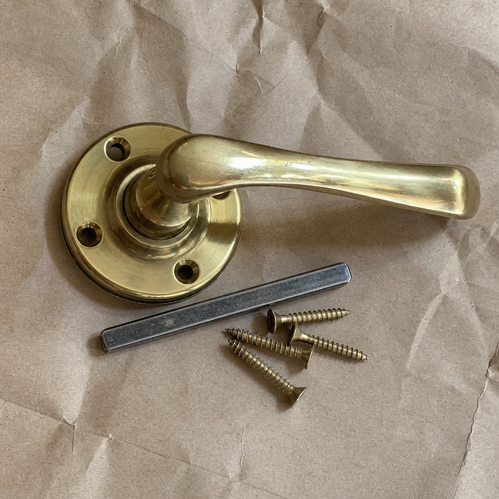 Brass lever door handle set, on rose